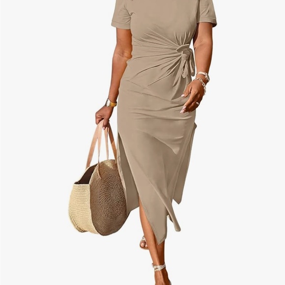 Amazon Dresses & Skirts - Taupe Midi Dress with Tie Front and short  Sleeves.